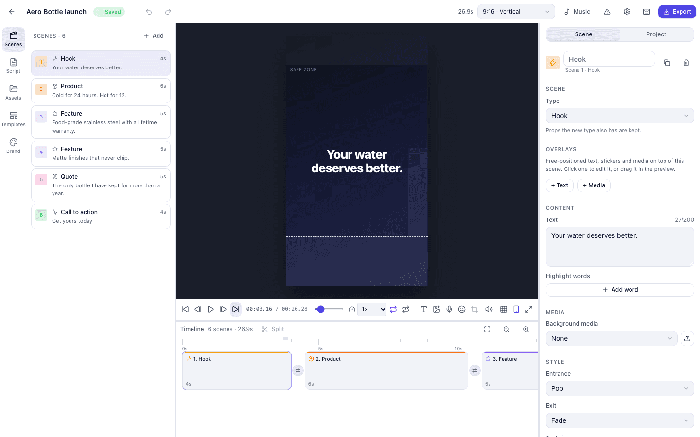 GuidedReel editor with scene list, script, and live video preview