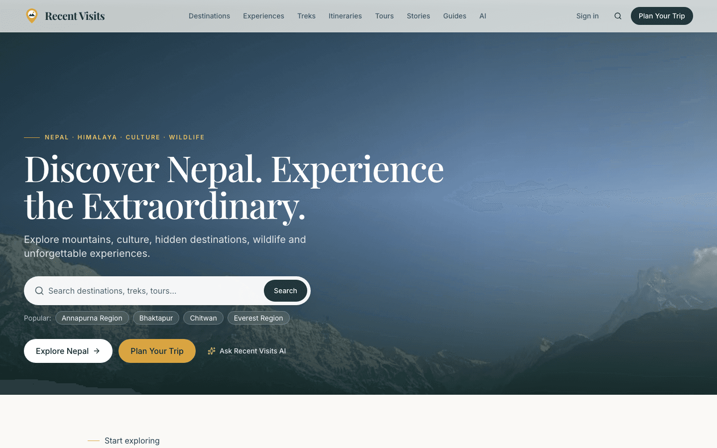 Recent Visits homepage — Discover Nepal hero with destination search